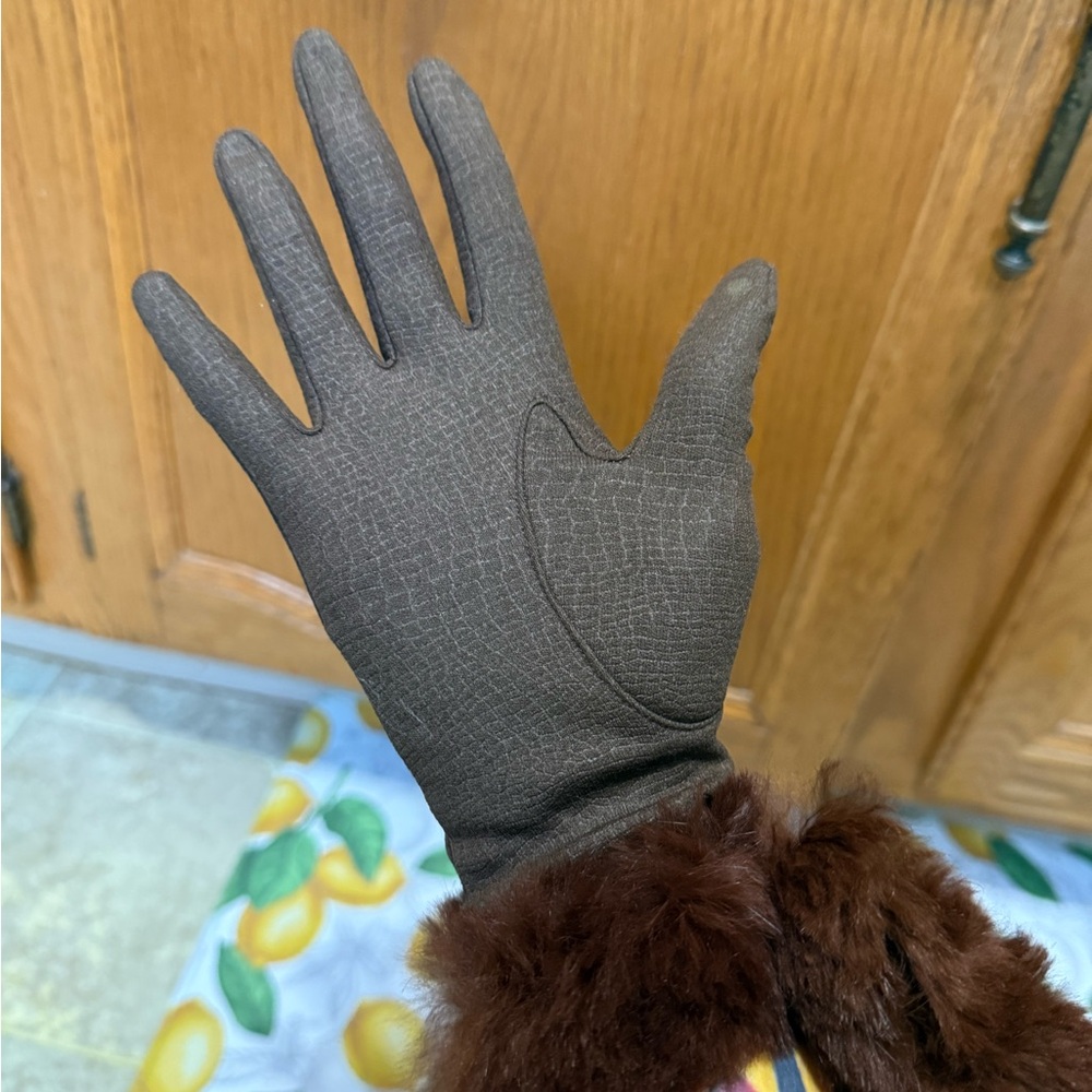 Vintage Brown Fur Trim Gloves